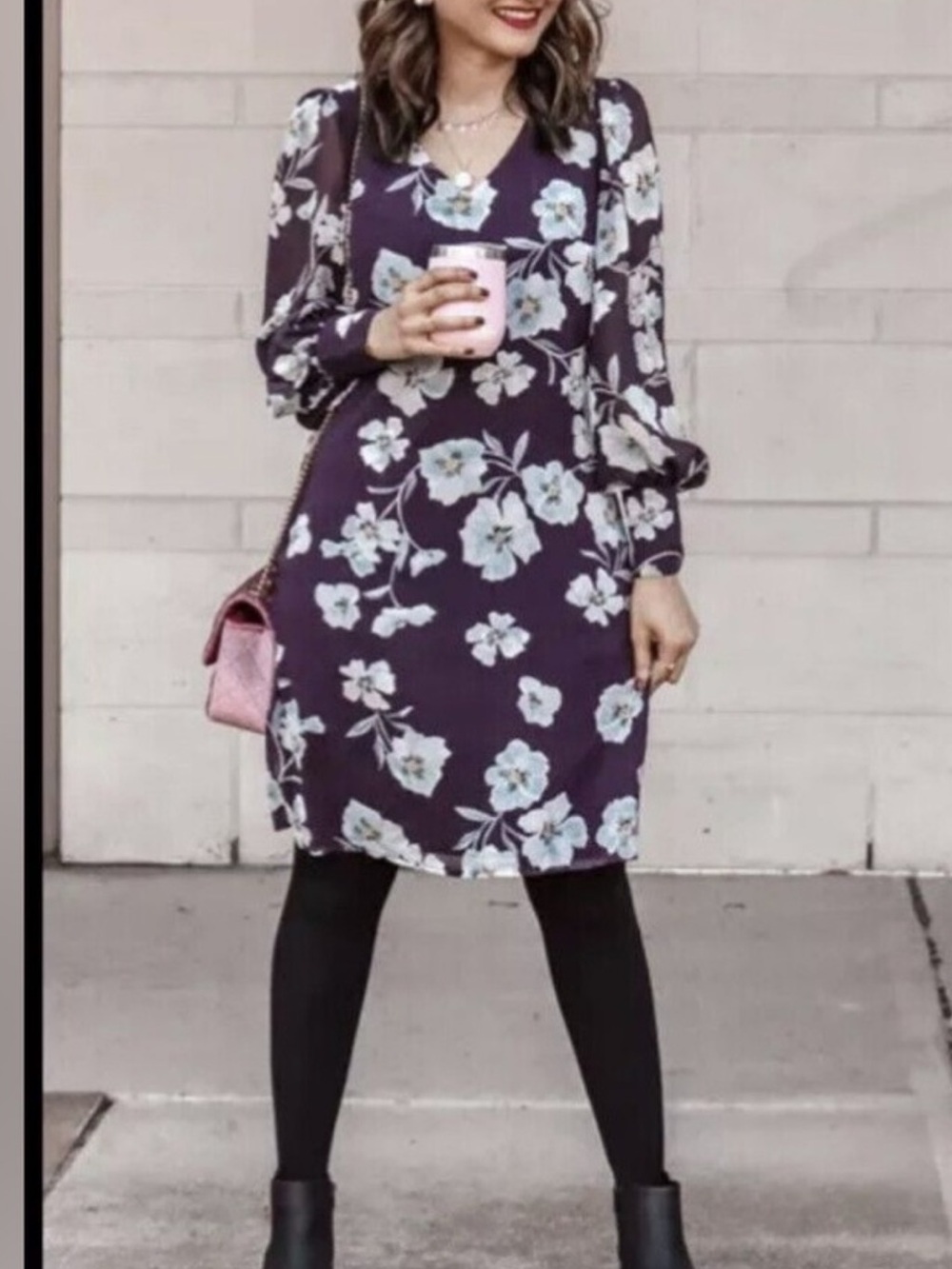 Cabi 4018 Womens Ellery Size XL Purple/Navy Floral V-Neck Long Sleeve Dress